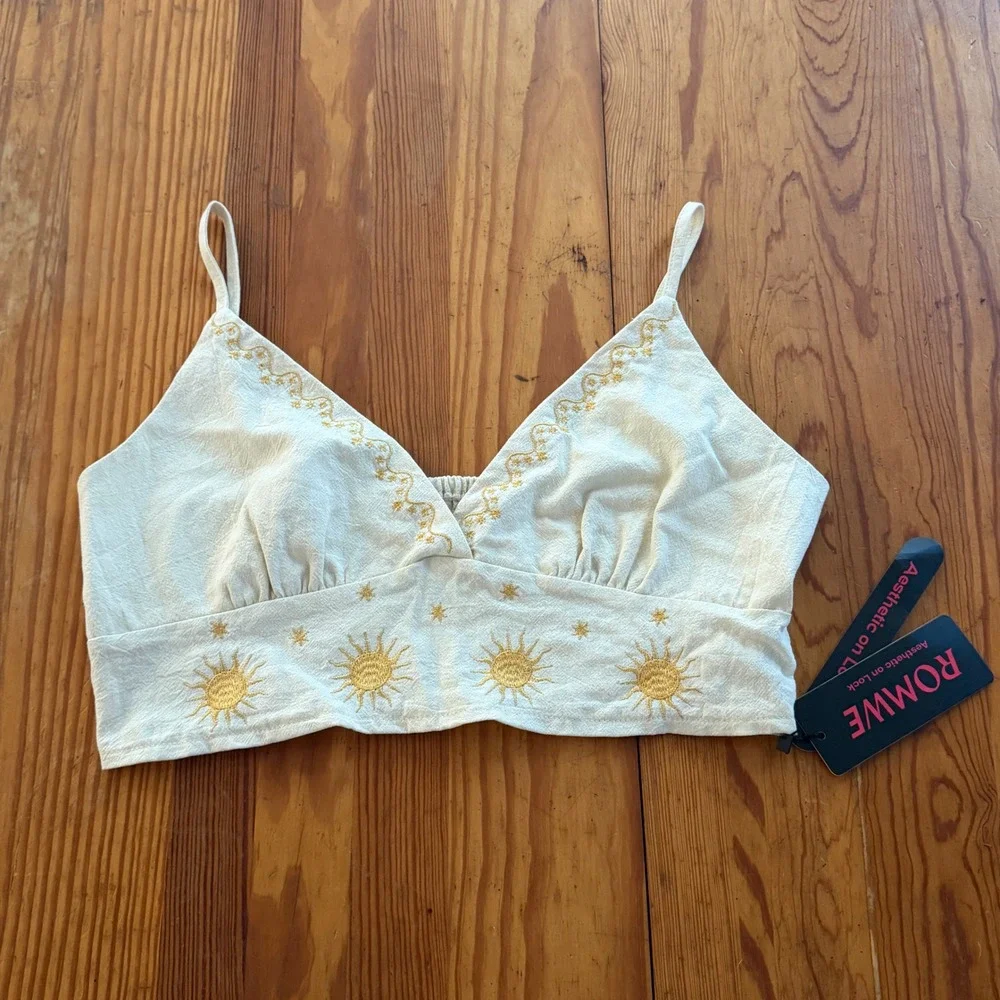 Romwe Sun Star Embroidered Crop Top Cream Cotton Smocked Back Boho Cami Large